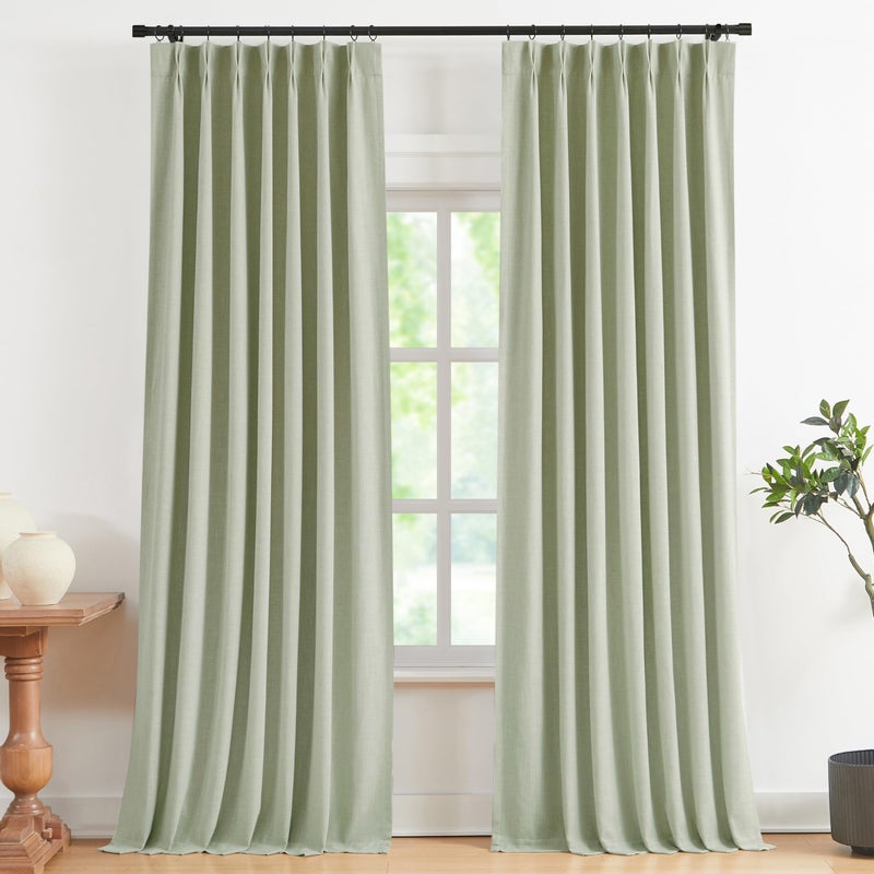 Vision Home Soft Green Pinch Pleated Full Blackout Curtains Linen Blended Room Darkening Curtain Panels 112 inch for Living Room Bedroom Thermal Insulated Pinch Pleat Drapes with Hooks 40"" Wx112 Lx2 - Image 1